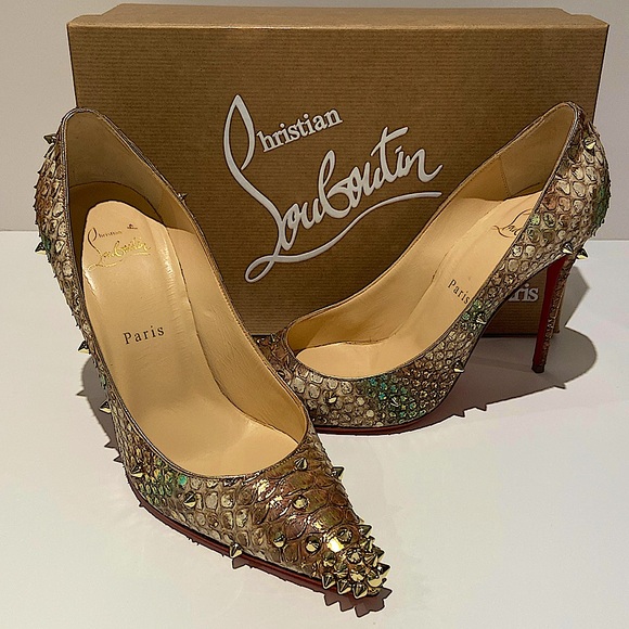 Christian Louboutin Degraspike 100 Python Ecorce in Multi/Light Gold - Picture 1 of 10